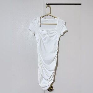 White Ruched Square-Neck Women's Short Sleeve Mini Dress Small